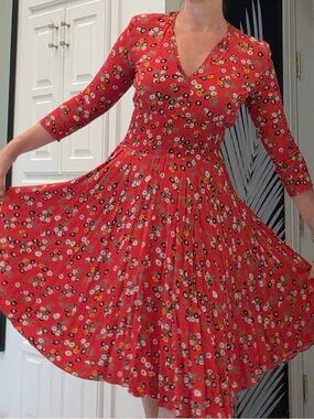 Maje Coral Red Floral V-Neck Midi Dress